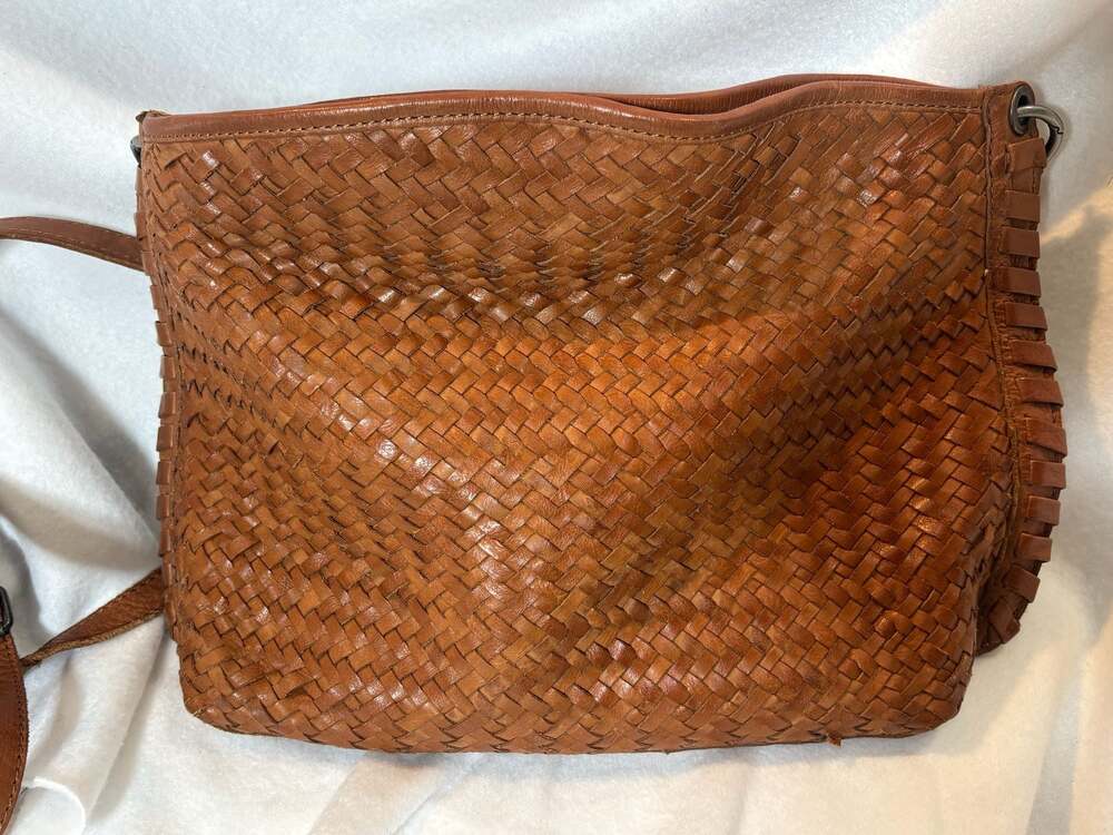 Genuine Leather Woven Crossbody Bag Brown